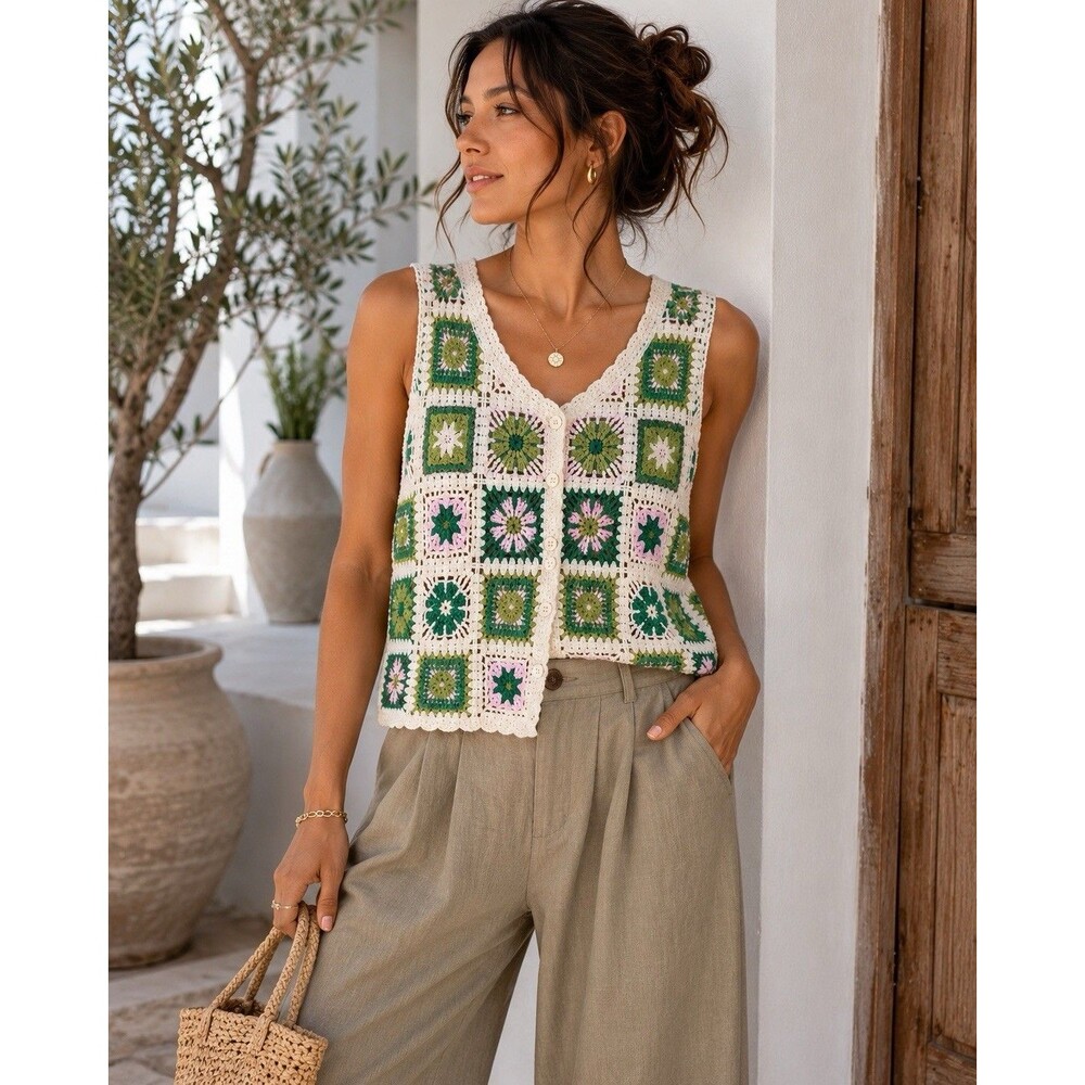 ISSI Crochet Granny Square Vest Boho Floral Knit Button Front Small